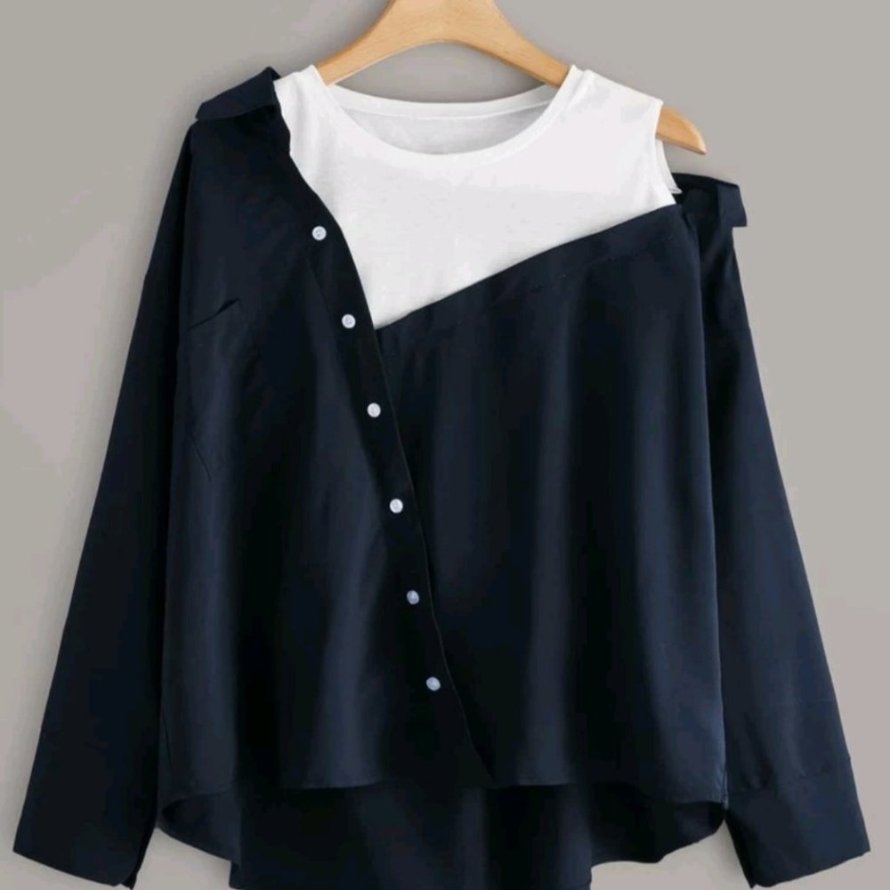 Plus 2 in 1 Oblique Button Blouse